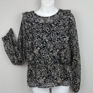 Dark Floral Sheer Longsleeve Ruffle Whimsigoth Victorian Top sz XL ( 14 - 16 )